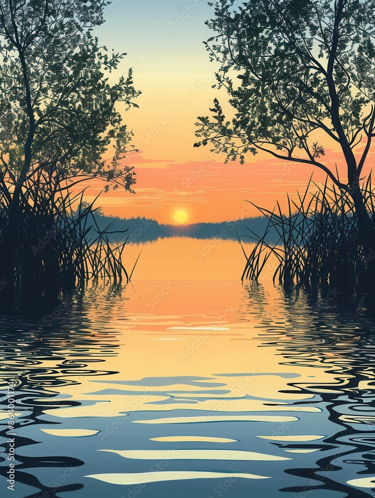 Poster a peaceful scene of a sunset reflecting on a still lake surrounded by trees and reeds. generative ai