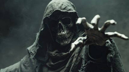 Grim Reaper in a dark hooded cloak, wearing a skull mask, reaching out with bony fingers, set in a shadowy background