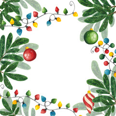 Hand drawn watercolor illustration. Festive, New Year's card, frame. Holiday, new year, Christmas, winter, fir branch, pine needles, Christmas tree, tree, garland, lights, lanterns, colored