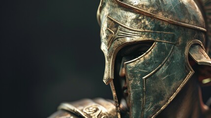 Medieval spartan warrior in helmet standing in front of the gloomy clouds