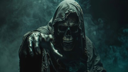 Frightening Reaper with a skull mask, extending a hand from a dark hooded cloak, dark background setting the eerie tone