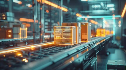 Futuristic logistics hub, conveyor belt with parcels, holographic data overlays, QR code scanning for precision delivery