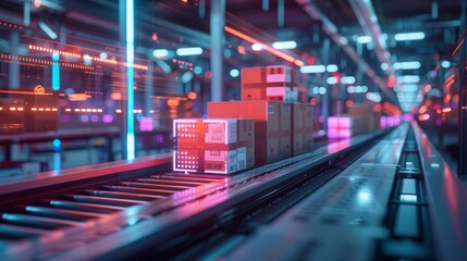 Futuristic shipping line, conveyor belt with parcels, integrated holographic data and QR code scanning for seamless operations