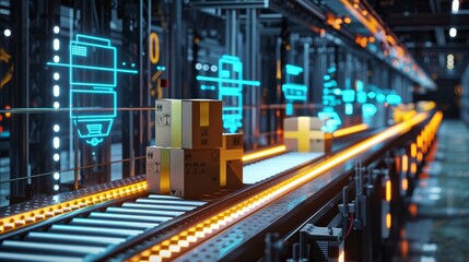 Futuristic shipping line, conveyor belt with parcels, integrated holographic data and QR code scanning for seamless operations