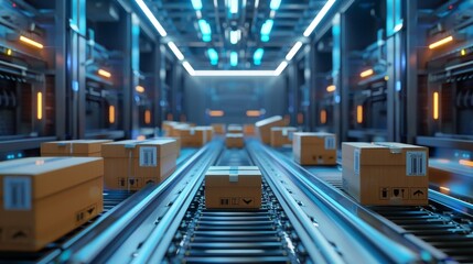 Futuristic shipping line, conveyor belt with parcels, integrated holographic data and QR code scanning for seamless operations