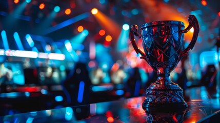 A close-up photo of the esports tournament winner trophy gleaming under bright stage lights