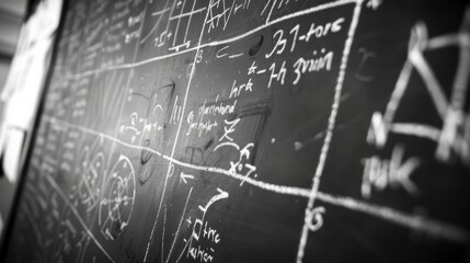 A close-up photograph of a black chalkboard covered in white chalk markings, including mathematical equations, diagrams, and the word GHZ