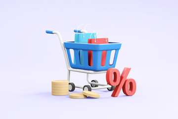3D Render of Shopping Cart, Shopping Bag, Coins, and Discount Percent