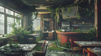 Abandoned bar restaurant debris with green plants growing. Post apocalypse scene.