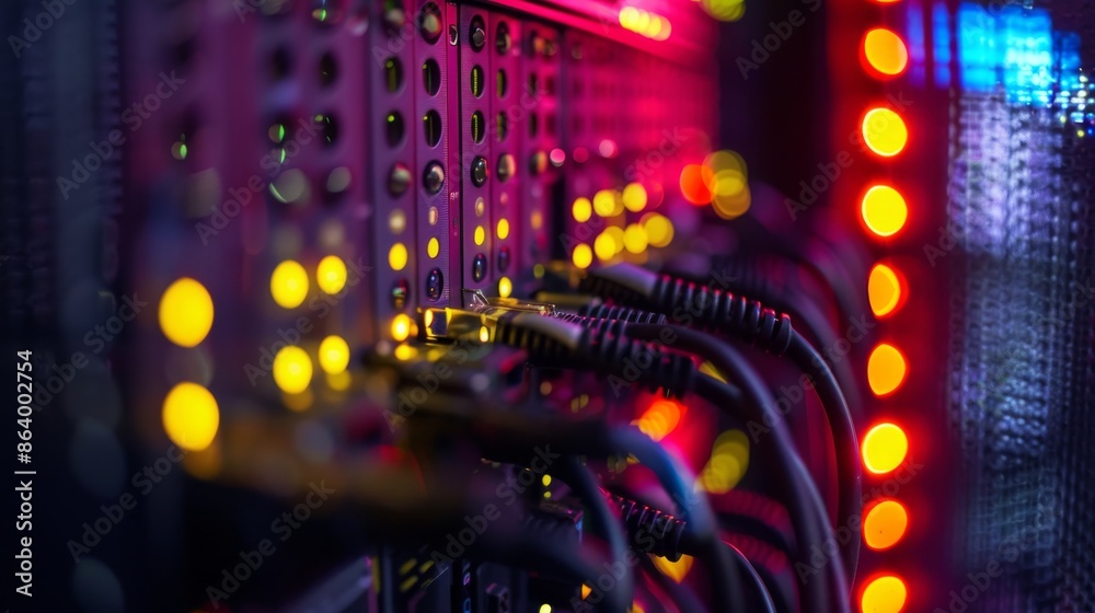 Poster close-up photo of a server rack displaying the network of cables intertwining its components, emphas