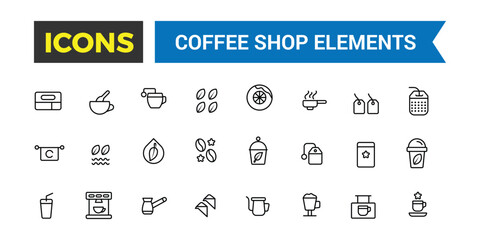 Coffee house, coffee shop icon set. Outline icons pack. Editable vector icon and illustration.