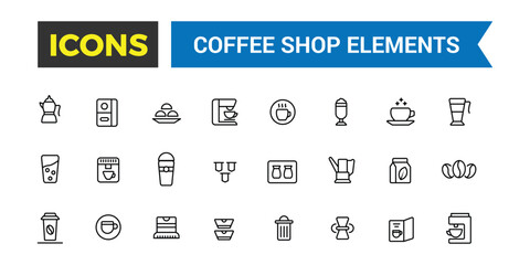 Coffee house, coffee shop icon set. Outline icons pack. Editable vector icon and illustration.