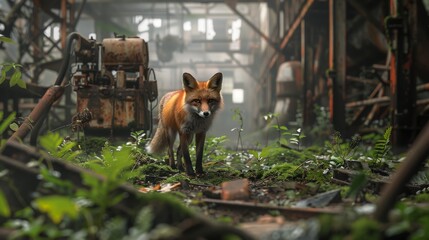 Red fox with abandoned city train station debris with green plants growing. Post apocalypse scene.