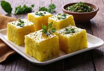 Popular Indian dish Traditional Food Sev Khaman Dhokla Served With Green Chutney & Chilli