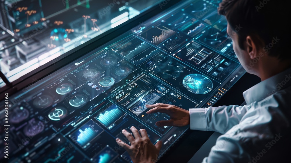 Poster a technician works on a large digital display, surrounded by various edge computing devices in a mod
