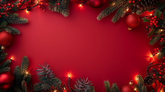 Christmas background with garland decoration and red color, top view, flat lay. Christmas lights, baubles, mistletoe and pine branches on the edge of red backdrop