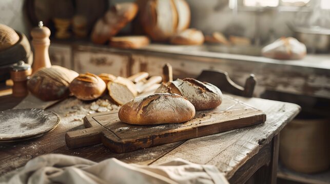 A close-up shot of freshly baked artisan bread on a rustic wooden table in a bakery kitchen. The bread is dusted with flour, and there are other loaves of bread in the background