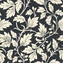 Seamless pattern with leaves and curls. Monochrome abstract floral background. Stylish black and white texture.	