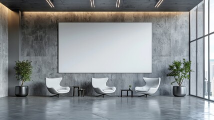 Modern office waiting area with blank advertising billboard, minimalistic style and soft lighting. Marketing display concept.