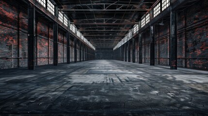 A moody stock photograph of an abandoned industrial warehouse interior with weathered brick walls and a worn concrete floor