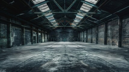 A moody stock photograph of an abandoned industrial warehouse interior with weathered brick walls, a worn concrete floor, and a dark, shadowy atmosphere