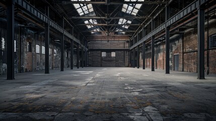A moody stock photograph of an abandoned industrial warehouse interior. The image features weathered brick walls, a worn concrete floor, and a large open space