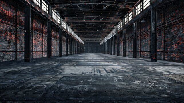 A moody stock photograph of an abandoned industrial warehouse interior with weathered brick walls and a worn concrete floor