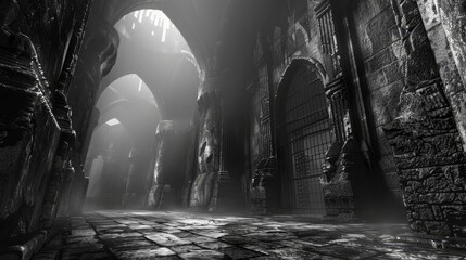 Obraz premium Intricately designed ancient fortified tunnel, black and white, with towering gates and a mysterious, historical atmosphere