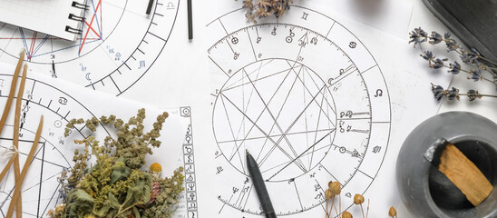 Astrology. Astrologer calculates natal chart and makes a forecast of fate Tarot cards, Fortune telling on tarot cards magic crystal, occultism, Esoteric background. Fortune telling,tarot predictions