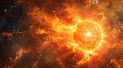 Fototapeta premium A breathtaking panoramic view of the sun in space, surrounded by swirling solar flares and cosmic dust, creating a mesmerizing display of celestial activity