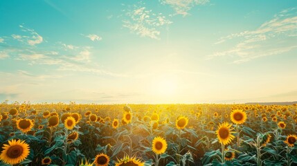 Obraz premium A captivating photo of a sunflower field bathed in the warm glow of the setting sun, showcasing vibrant yellow blooms against a clear blue sky