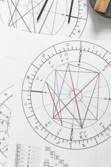 Astrology. Astrologer calculates natal chart and makes a forecast of fate Tarot cards, Fortune telling on tarot cards magic crystal, occultism, Esoteric background. Fortune telling,tarot predictions