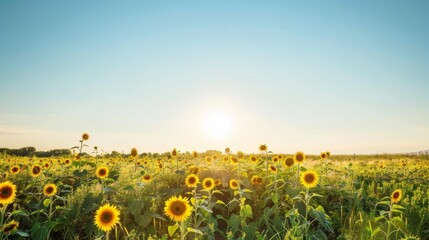 Obraz premium A photograph of a vibrant field of sunflowers, captured under a clear blue sky at sunset. The sun shines brightly through the flowers, creating a warm and serene atmosphere