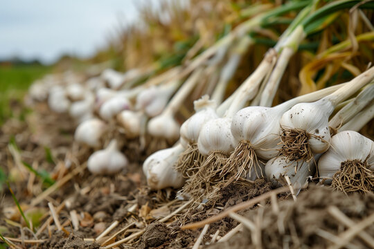Garlic in a field in autumn. Harvesting of garlic