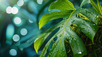 Obraz premium Monstera leaf with sparkling water drops, embracing a moss pole, showcasing fresh and vibrant foliage