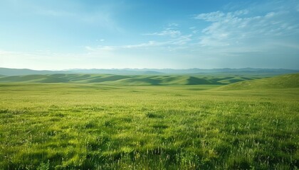Fototapeta premium Vast Golden Grassland Stretching Towards Rolling Green Hills Under Blue Sky, Kazakhstan, Copy Space
