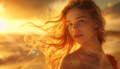 Woman with Flowing Hair at Beach, Summer Dress, Serene, Soft Sunlight, Natural Beauty