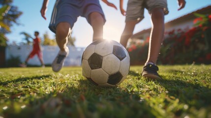 Obraz premium Legs of several adolescent guy mates enjoying a backyard game of soccer