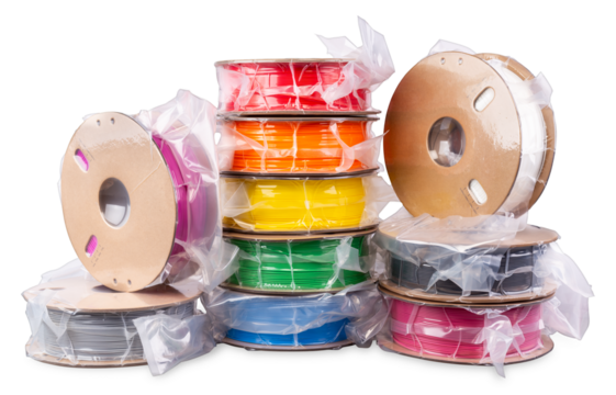 Pile stack of vacuum sealed PLA 3d printing filament material on recyclable cardboard paper coils isolated white background. FDM printer technology modern and future concept.