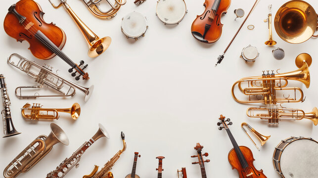 Photo of various musical instruments arranged in the shape of an oval on white background, with space for text at center. The scene includes brass and woodw emoor in different size