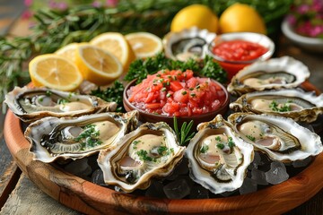 A platter of fresh oysters on the half shell, served with a variety of mignonette sauces and lemon wedges