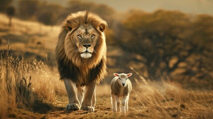 Fototapeta premium A powerful lion and a gentle lamb walk together in a tranquil African landscape, bathed in the warm glow of the setting sun
