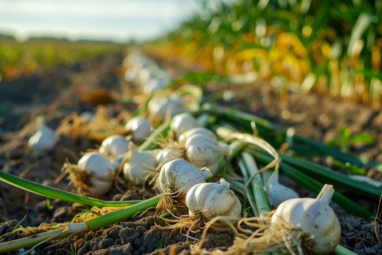 Garlic in a field in autumn. Harvesting of garlic