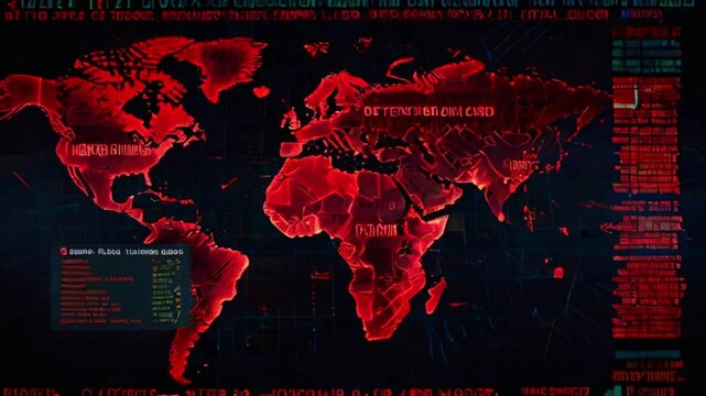 A world map with red glowing countries and green text that appears to be computer code.