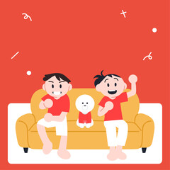 A couple and a dog are cheering for korean sports team. Cartoon style illustration banner. 