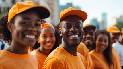 A group of smiling black people wearing orange t-shirts and baseball caps, all looking at the camera with smiles on their faces. They stand in front of an urban cityscape backgroun