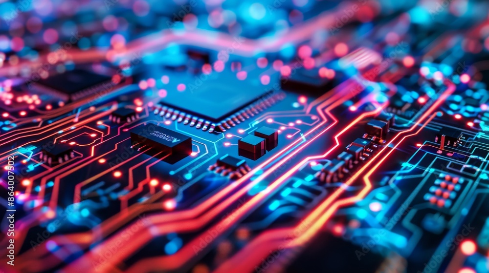 Poster close-up of a circuit board with glowing red and blue pathways, highlighting the intricate complexit