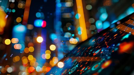 A close-up photo of a tablet displaying an abstract network diagram, with a blurred cityscape backdrop of lights at night