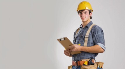 An isolated image of a young man with a hardhat and tool belt, holding a clipboard and pen, against a plain backdrop providing space for adding safety guidelines or project details
