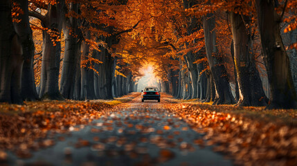 Car driving on dirt road in countryside with colorful Autumn woods